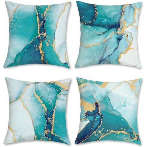 Lot de 4 housses de coussin décoratives modernes en velours doux, motif marbre turquoise, 45 x 45 cm, motif abstrait doré et bleu sarcelle, 45 x 45 cm