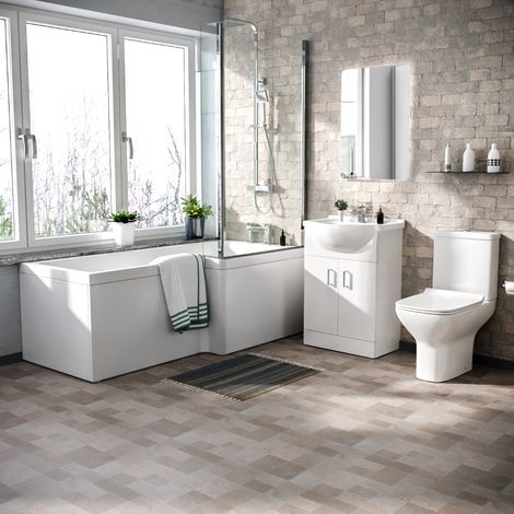 Warton L-Shaped Right Hand Side Bath Set, Front Panel, Bath Screen, Rimless Open Back CC Toilet, 550mm Floor Standing Vanity Unit White, Taps & Shower (1/5)