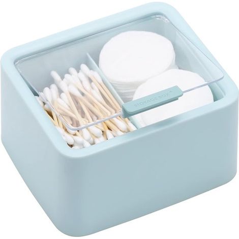 Organizador grande, Dispensador de bastoncillos de algodón de 2 compartimentos, Perfecto para discos de algodón y discos cosméticos, Azul (1/5)