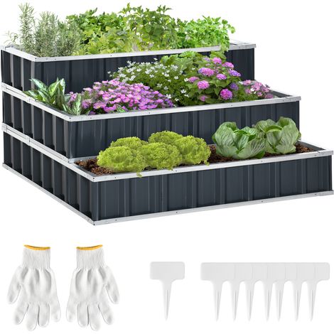 Dreistufiges Hochbeet aus Stahl mit T-Nut-Pflanzenetiketten, Handschuhen, Kräutergarten, Blumentreppe für Balkon oder Terrasse, 118 x 118 x 62 cm, Dunkelgrau