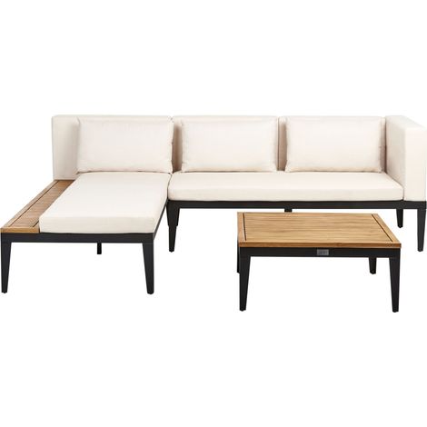 Set da giardino in legno di acacia a destra Divano angolare a 3 posti con tavolino Cuscini beige chiaro