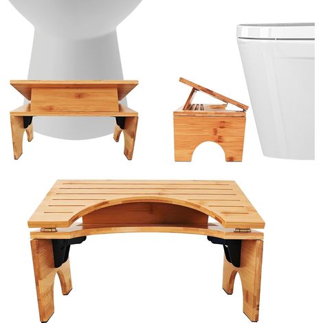 Tabouret WC pliable en bambou - Tabouret ergonomique pour salle de bain avec 4 vitesses d'inclinaison (18 à 27 cm), antidérapant, pliable - Pour adultes et enfants (1/5)