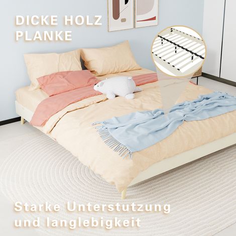 Cadre de lit contemporain beige 160x200, structure gainée de velours premium, sommier surélevé avec vérins pneumatiques, style scandinave épuré, sans tête ni matelas. (1/5)