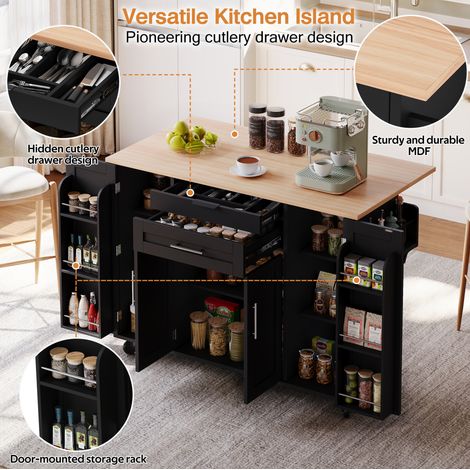 120×45cm,mobile Kücheninsel,Küchenwagen,ausziehbare Arbeitsplatte bis 70cm,verdeckte Besteckschublade,verstellbare Einlegeböden,Gewürzregal und Handtuchhalter,geeignet für Küche,Esszimmer oder Wohnzim (1/5)