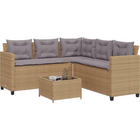 Gartensofa in L-Form mit Tisch und Kissen Beige Poly Rattan