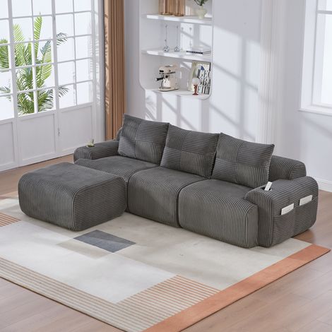 Canapé d'Angle 3 Places en Velours Côtelé avec Pouf, Sofa Modulaire avec Porte-Gobelet et Poche Latérale, Assise Confortable pour Salon - Gris Foncé (1/5)
