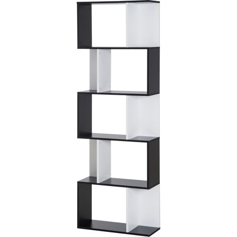 Bibliothèque à 5 niveaux en forme S avec étagères pour salon chambre et bureau 60 x 24 x 184,5 cm noir et blanc (1/4)