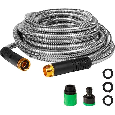 Tuyau d'arrosage en acier inoxydable 15 m, tuyau d'eau flexible en métal, sans pli, léger, avec raccords robustes, adapté pour l'arrosage de jardin, le lavage de voiture et le nettoyage (1/5)