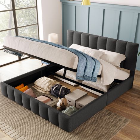 Bett mit Stauraum Leinen Grau 140x200 cm, verstellbares Kopfteil, inklusive Lattenrost (1/5)
