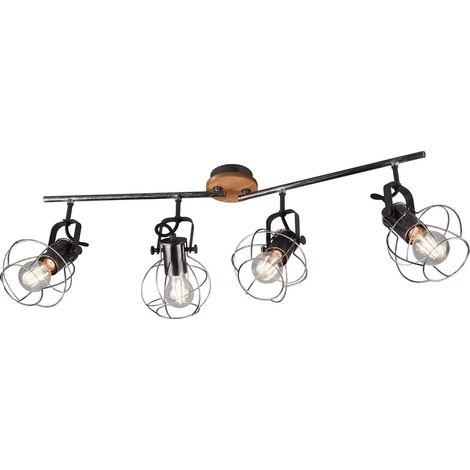 Plafonnier industriel en acier/nickel mat/satiné avec bois 83 cm 4 lampes torce acier/bois oblong E27 max. 4 x 28 W 4 voies éclairage intérieur (1/5)