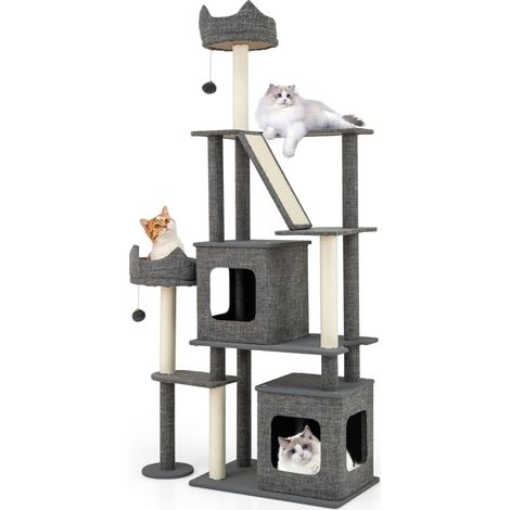 Katzenbaum mit Sisalstämmen, Leiter und 2 Höhlen, 180 cm, Grau