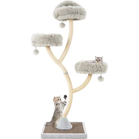 COSTWAY Albero per Gatti Alto 178 cm, Albero Tiragraffi per Gatti con Telaio di Supporto Curvo in Metallo, 3 Cucce Calde e Palline, Pali e Tavoletta Tiragraffi in Sisal, 59 x 59 x 178 cm (Grigio) (1/5)