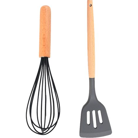 Ensemble Ustensiles Cuisine - Silicone Et Bois Resistants Chaleur - Pour Poêles Antiadhésives - Lot De 2 Pièces (1/5)