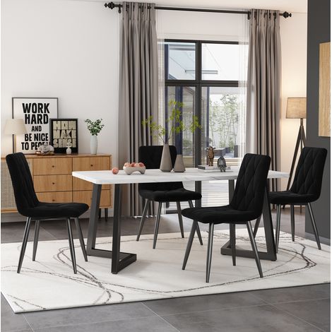 Conjunto de mesa y sillas rectangular 117 x 68 cm con 4 sillas, negro y efecto mármol DESVIAE (1/5)