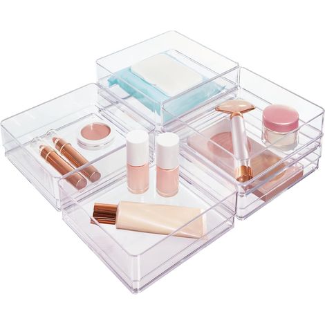 Lot de 6 organiseurs de tiroir empilables transparents Plateaux carrés de 15,2 x 15,2 x 5,1 cm Petits bacs de rangement pour maquillage et séparateurs de tiroir de bureau (1/5)