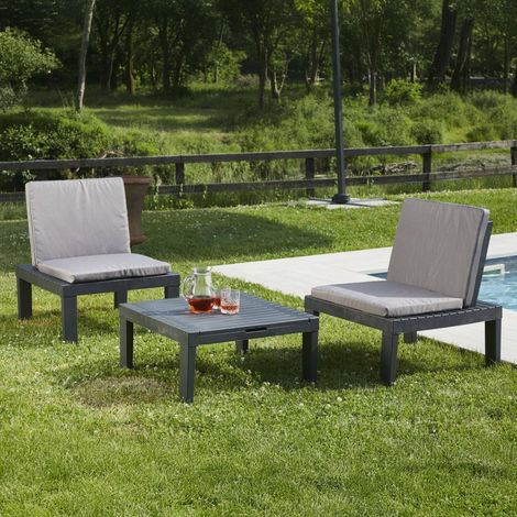 Dmora - Salón de Jardín Cervia, Conjunto de jardín con 2 asientos con respaldo y 1 módulo multifuncional, Zona de estar con cojines, 100% Made in Italy, Antracita, con embalaje reforzado (1/5)