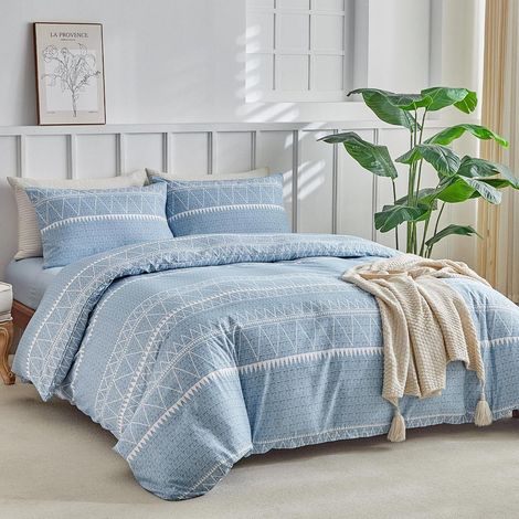 Ensemble de literie King-Size 4 pièces avec drap-housse, microfibre, rayures bohèmes, bleu clair