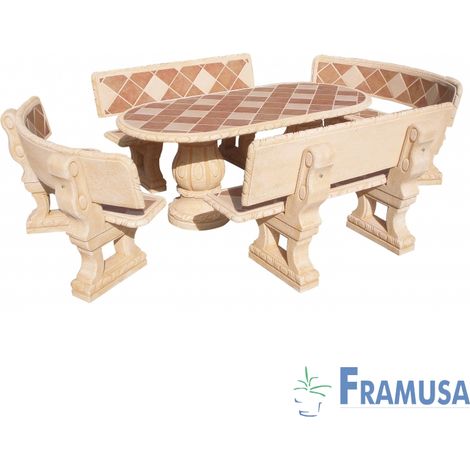 CONJUNTO COMEDOR PIEDRA OVALADO JARDIN CIRUELO GRES CON AZULEJOS OCRE