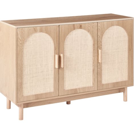 Aparador de 3 puertas con tablero aglomerado patas de madera frente de ratán estilo boho marrón claro Costello