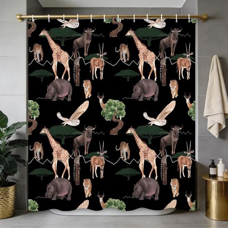 Rideau de Douche 150x200cm, Motif Animaux Sauvages, Safari Girafe Hippopotame, Noir, résistant à l'eau, décoratif pour Salle de Bain, idéal pour garçons et Hommes (1/5)