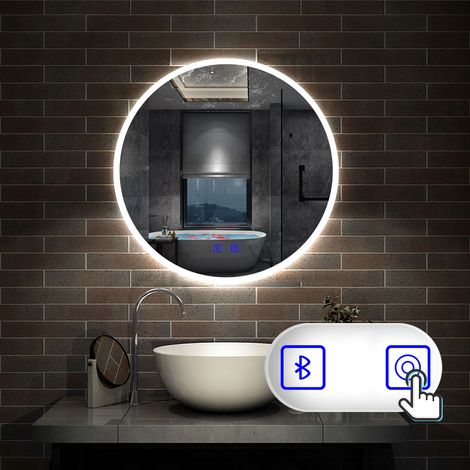 Rund LED Badspiegel Wandspiegel Touch Schalter + drei Farbe Dimmbar + Bluetooth + Beschlagfrei 80cm (1/5)