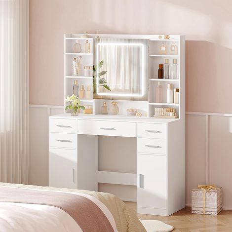 108 cm Coiffeuse avec Miroir et Lumières LED, Luminosité Réglable, Tiroirs, Armoire et Étagères Ouverts, Table de Maquillage, Miroir avec Étagères Cachées, pour Chambre à Coucher, Blanc (1/5)