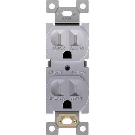 Elite Series Prise murale duplex de qualité résidentielle, prise électrique duplex, mise à la terre, 3 fils, 2 pôles, 15 A 125 V, certifié UL, 61580-SV, argent (1/5)