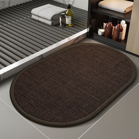 Bodenmatte aus Leinen und Kieselgur – Saugfähig, rutschfest und schnelltrocknend – Minimalistischer Stil für Badezimmer und Eingangsbereich – Ovale Form, Farbe Dunkelbraun (Sandelholz), 40 x 60 cm-lsw