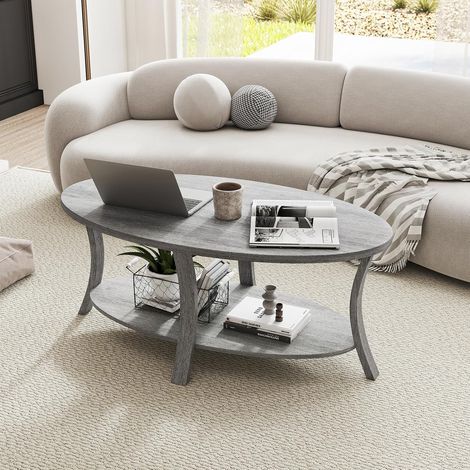 GOPLUS Table Basse Ovale Salon, Table de Salon en Bois de Caoutchouc avec Étagère de Rangement Ouverte, 2 Niveaux pour Bureau, Salle de Réception, Charge 160KG, 111 x 60,5 x 47 cm (Gris) (1/5)