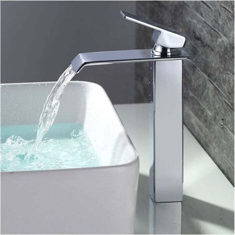 Wasserhahn mit Wasserfallfunktion für Waschbecken, moderner Hochauslauf-Mischer in Chromoptik, ideal für das Badezimmer