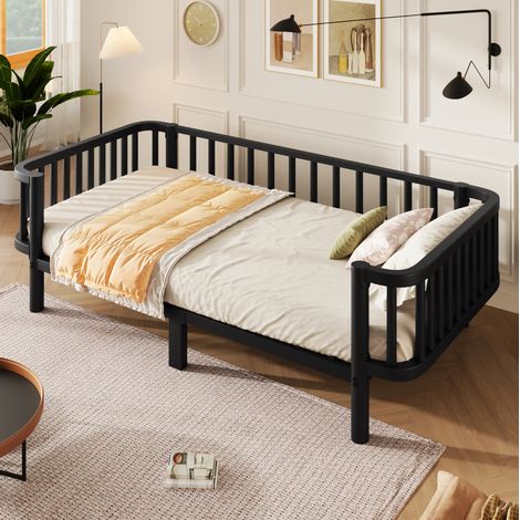 Lit banquette enfant 90x200 cm en métal noir, sommier à lattes en acier, structure stable pour chambre ou salon (1/5)