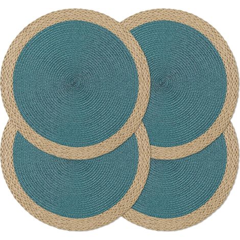 Lot de 4 sets de table ronds tressés de 38,1 cm, antidérapants, lavables à bords larges pour décoration de table de cuisine, salle à manger (bleu, 4)'Bord Large Marron, Bleu 4 pcs'Bord Large Marron, B (1/5)