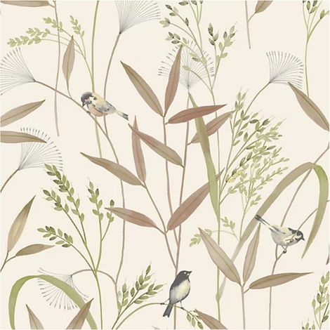 Grandeco Azuria Botanical Beige Vinyl Wallpaper Birds Scrubbable Paste The Wall