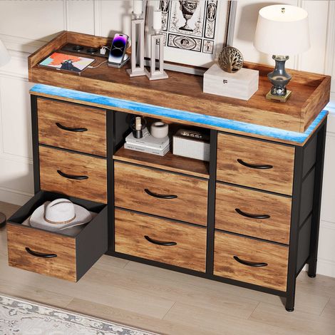 Commode de Chambre,avec LED Réglable et Multiprise,8 Tiroirs en Tissu,108x30x82 cm,Armoire,Meuble de Rangement,Moderne,Marron Noir (1/5)