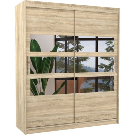 Les Tendances – Armoire de chambre à coucher 2 portes coulissantes bois clair – 180 cm largeur, 200 cm hauteur, 58 cm profondeur – 6 miroirs horizontaux – Penderie et étagères réglables