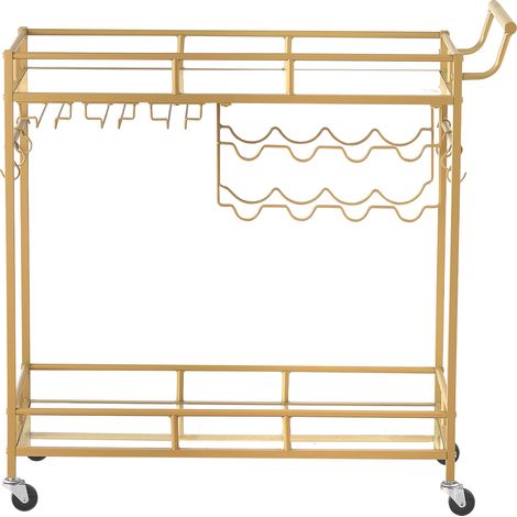 Mophorn Desserte de bar à 2 niveaux, pour le rangement des vins, ustensiles de cuisine et accessoires de salon, équipé d'un plateau en verre miroir, porte-bouteilles et porte-verres, finition dorée (1/5)