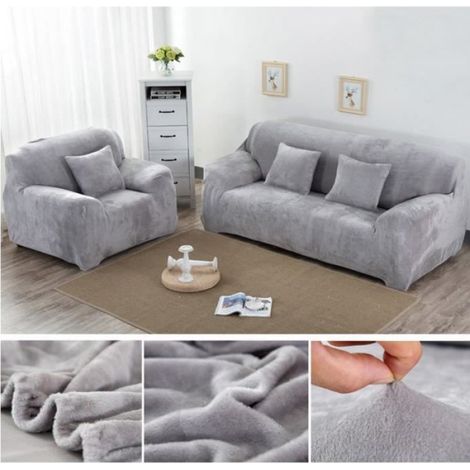 Housse de Canapé Velours 2Places 145-185cm Élastique Spandex Revêtement de Canapé Épais Gris (1/4)