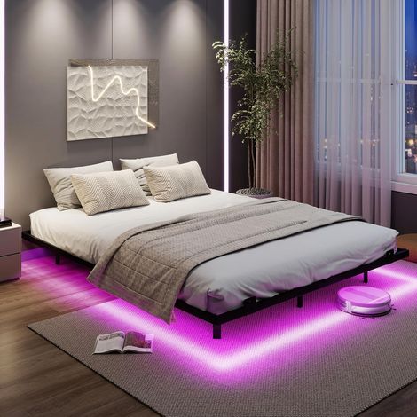 COSTWAY Telaio Letto Galleggiante, Letto Matrimoniale 200 x 160 cm in Metallo con Luci LED Fissaggio per Materasso, Doghe Resistenti a Carico Pesante, Carico 400 kg (1/5)