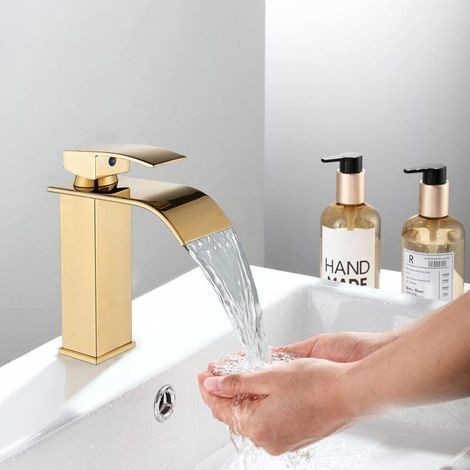 Robinet Salle de Bain Design Moderne de Cascade Robinet Lavabo Or Conception de Corps en Métal Durable Supérieure Eau Chaude et Froide Réglable (1/5)