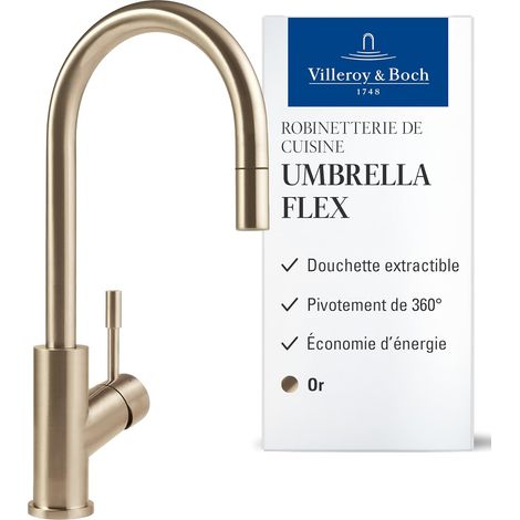 Rubinetto ad alta pressione Umbrella Flex con doccetta estraibile e girevole a 360°, rubinetto a risparmio idrico, bocca di 220 mm, oro (1/5)