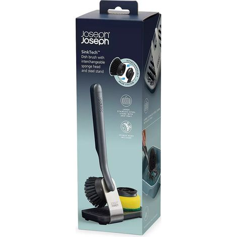 SinkTech™ Joseph Joseph set di spazzole, con spugna e supporto aggiuntivi in acciaio inox, con raschietto integrato, testina sostituibile e vaschetta raccogli gocce - grigio