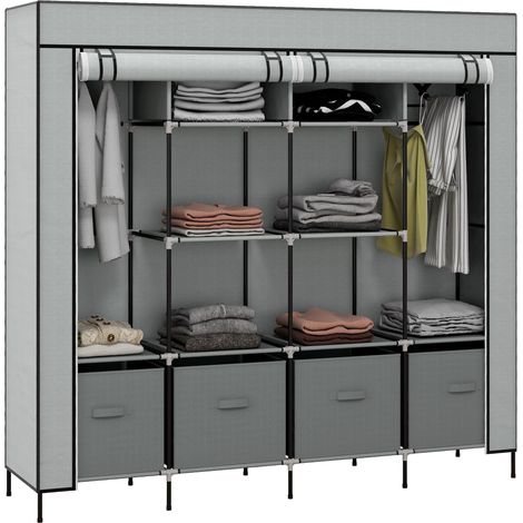 Armoire en tissu et acier avec 10 étagères, 4 tiroirs et portes à charnières, grise (1/5)