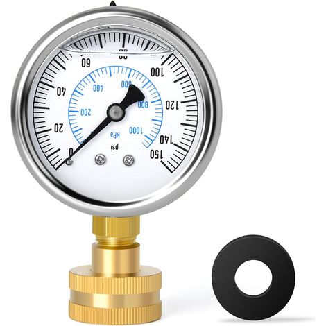 0-10 Bar/0-150 PSI Water Pressure Gauge with Oil, 304 Stainless Steel Housing for 3/4" BSP Home Water Pressure Test (1/5)