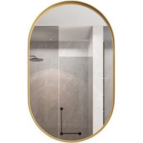 Stilvoller ovaler Spiegelschrank, Einbau-Medizinschrank, Wandschrank mit Metallrahmen, Spiegel und verstellbaren Einlegeböden, Spiegelschrank mit Stauraum für Bad, Wohnzimmer und Schlafzimmer, Gold (1/5)