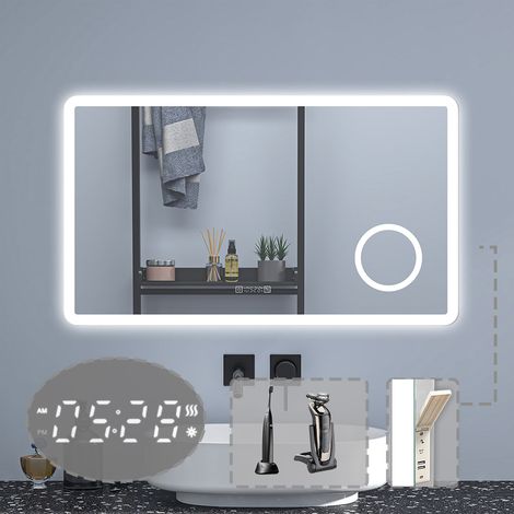 Badezimmerspiegel Wandspiegel LED Badspiegel mit steckdose Uhr 3 farben Dimmbar Memory Funktion 120x70cm (1/5)