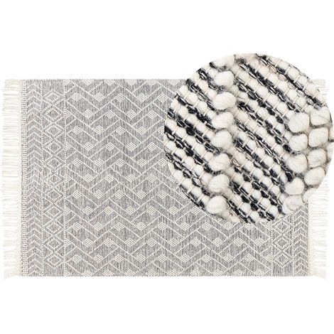 Alfombra de lana negro blanco crema 160 x 230 cm a mano geométrico borlas Kavak