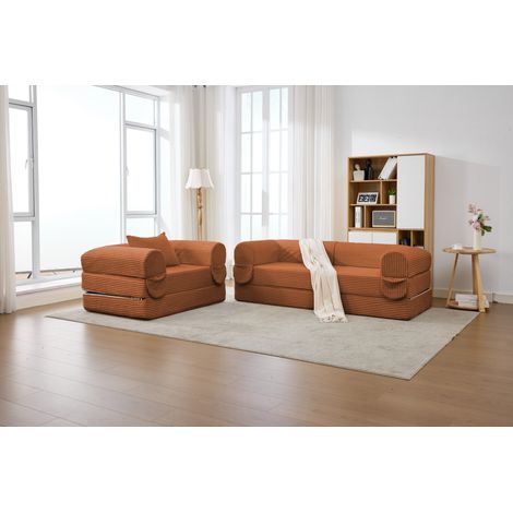 Ensemble de canapés en velours côtelé, canapé 1 place + canapé 2 places, modèle compressé – Dimensions : 190 x 78 x 65 cm + 120 x 85 x 60 cm (1/5)