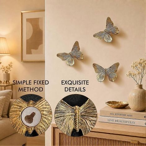Décorations murales papillons 3D, idéales pour les chambres à coucher, ensemble de trois pièces (bronze antique), décorations murales papillons rétro. (1/4)