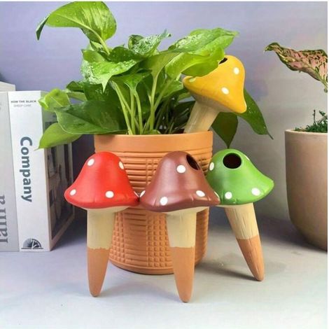 Pointes d'arrosage en argile, 4 pièces, motif champignon coloré, système d'irrigation automatique, terre rouge, entretien des plantes de jardin, outils d'arrosage de pelouse, jardinage facile, (1/4)