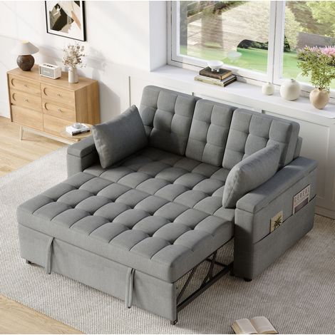 Sofá cama 159x142.5x92 cm gris en algodón y lino con respaldo ajustable y almacenaje (1/5)